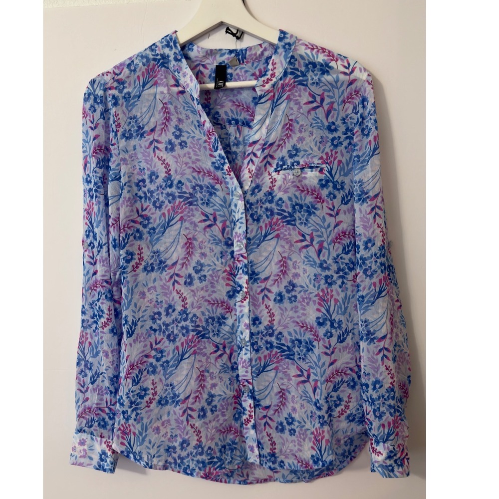 KUT from the Kloth Floral Blouse S Blue Purple Sheer Button Up Cottagecore